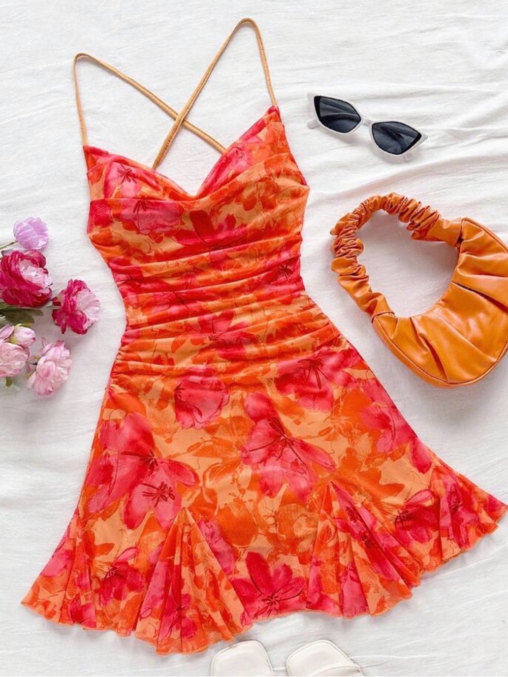 SHEIN Orange & Pink Floral Ruching Mini Dress